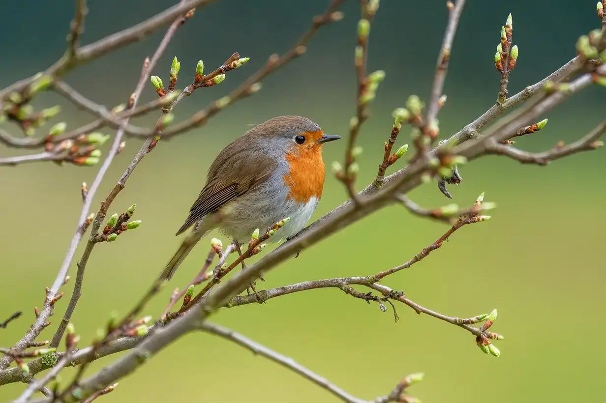 Rouge-gorge posé sur une branche au jardin, observant le sol à la recherche d’insectes et de vers de terre
