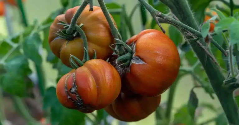 Tomates fendues sur leur pied en été, fruits éclatés après un arrosage irrégulier au potager