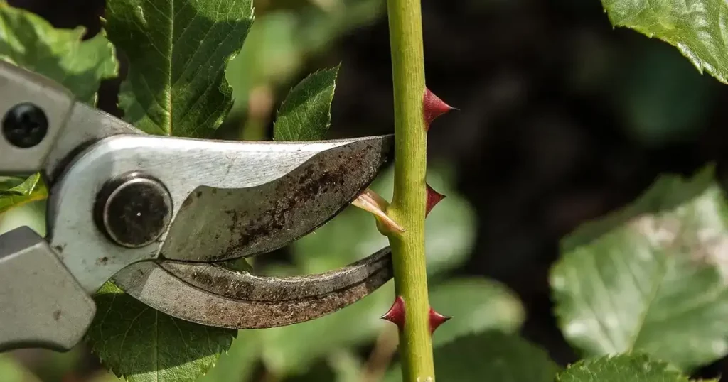 Entretien des outils de jardin avant l'hiver : sécateur, bêche et gants nettoyés sur un établi en bois
