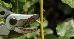 Entretien des outils de jardin avant l'hiver : sécateur, bêche et gants nettoyés sur un établi en bois